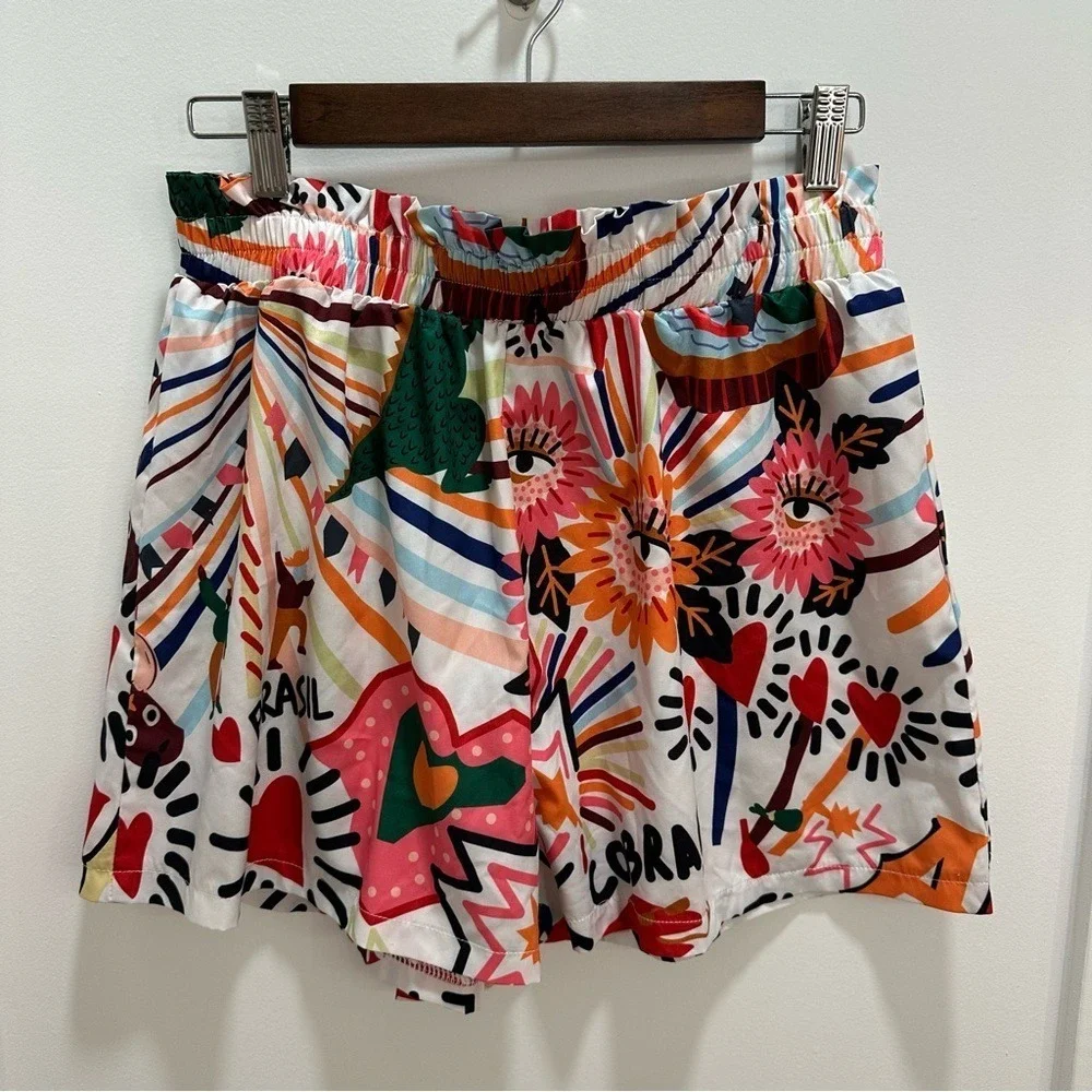 Womens Brasil Graphic Print Paperbag Waist Shorts Multicolor‎ XL 12